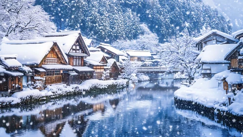 Snow-covered riverside village is shown under steady snowfall