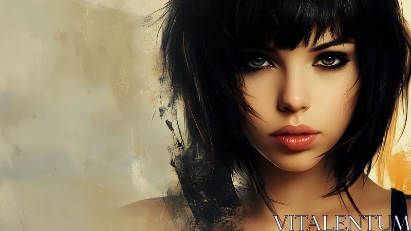 Digital portrait of dark haired woman with intense gaze.