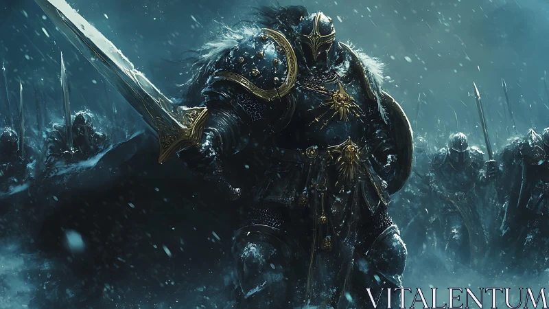 Digital painting of golden-clad warlord leading icy charge.