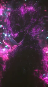 Neon magenta anime warrior silhouette with glowing aura and sparks