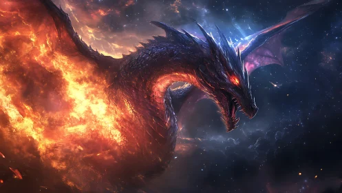 Cosmic fire dragon in high-impact fantasy digital painting.