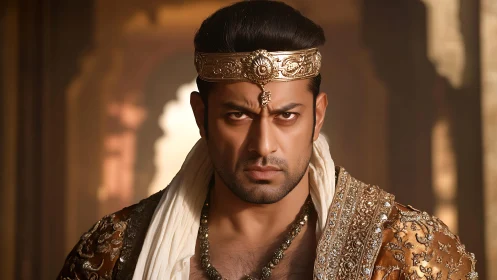 Regal warrior portrait under warm bokeh, ornate brocade and crown