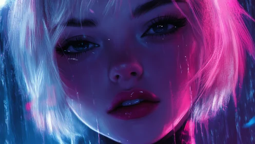 Neon lit cyber dream girl gazes through glowing rain