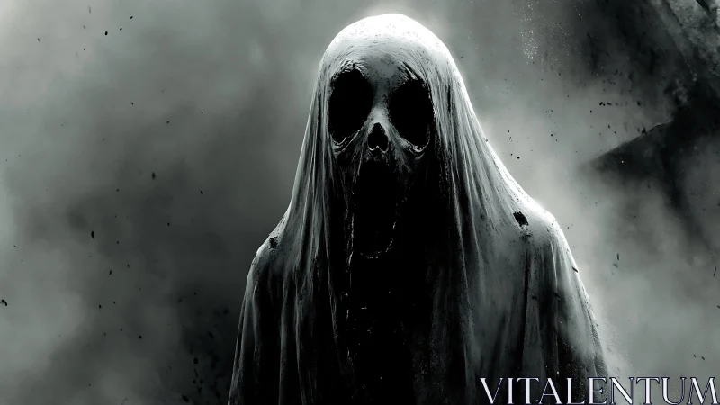 Hooded skeletal ghost figure emerging from dense gray fog.