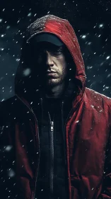 Hooded wanderer stands in snowfall, half-lit by winter gloom.