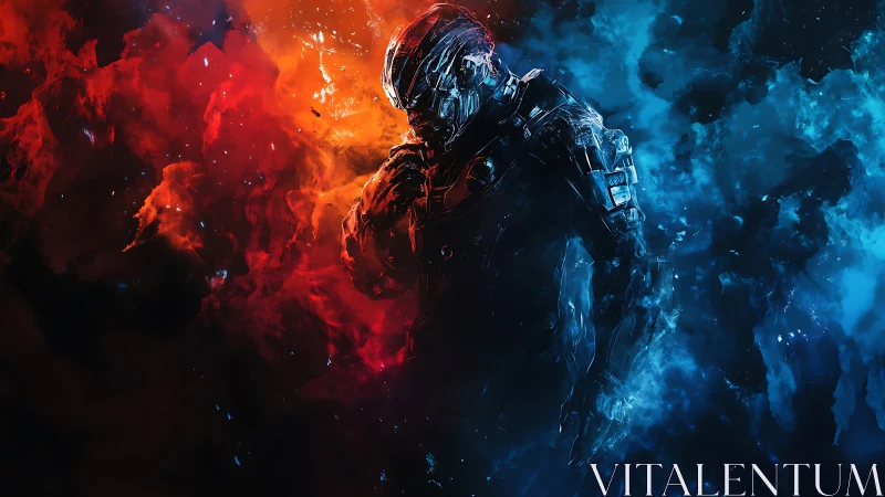 Armored sci fi warrior between red and blue nebula clouds.