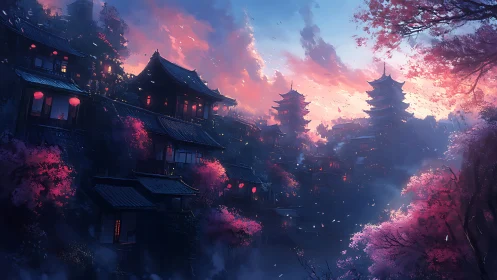 Twilight blossoms over lantern-lit mountain temples at dusk.