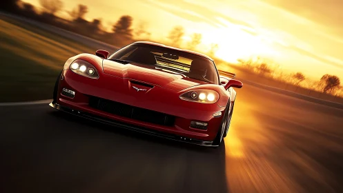 Red sports car racing into golden sunset light on track.