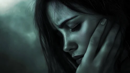 Monochrome side-profile portrait of pensive woman in shadow