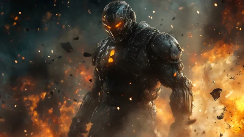 Armored cyber warrior strides through explosive battlefield blaze.