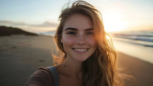 Sunlit beach portrait captures a carefree golden hour smile.