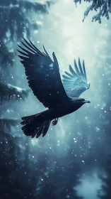 Midnight raven glides through snowlit forest hush