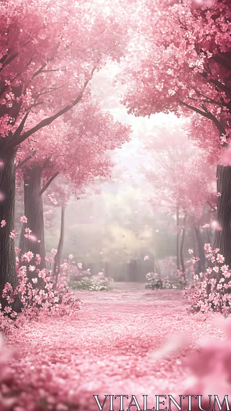 Dreamy cherry blossom path glows in soft spring light.