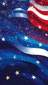 American flag waves with abstract starfield texture overlay.