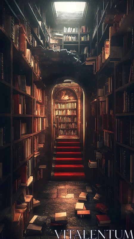 Narrow library corridor with red stairway and bookshelves.
