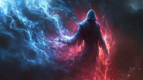 Hooded elemental sorcerer in bifurcated red-blue nebular field.