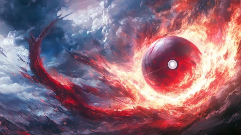 Molten red sphere blazes through stormy cosmic clouds