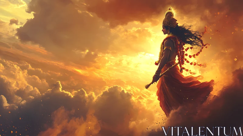 Sun-soaked deity strides through embers of a waking sky