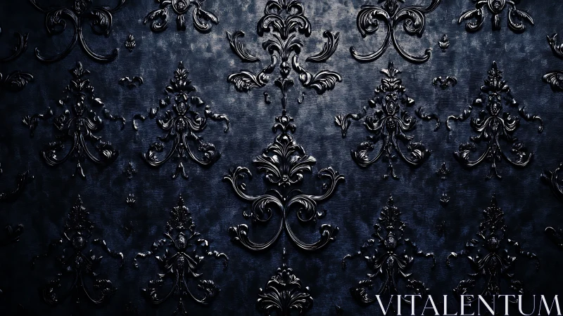 Ornate black baroque damask in dramatic side lighting.