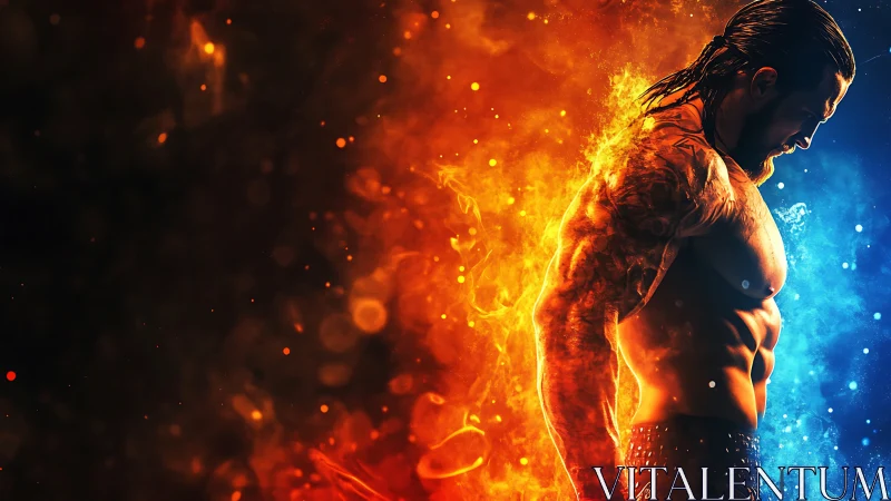 Muscular warrior in fiery and icy split color flames.