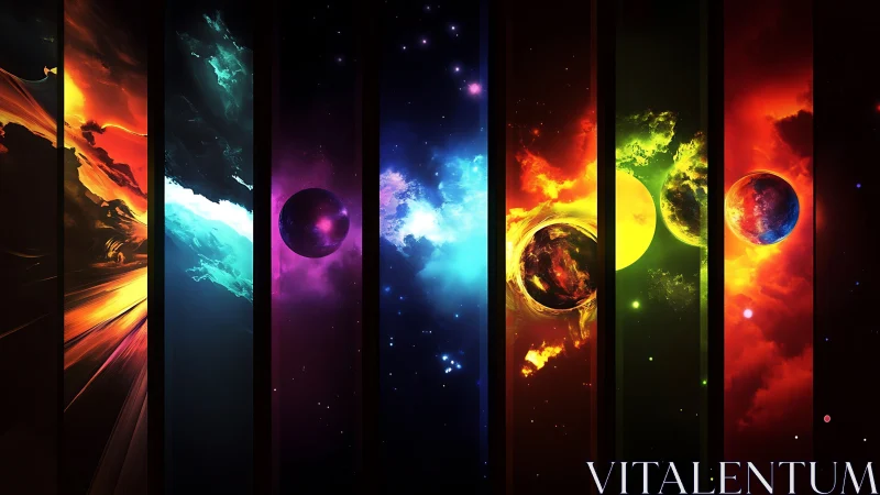 Striped cosmic panorama aligns glowing planets and nebulae