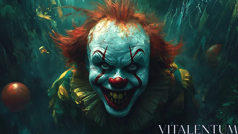 Sinister clown portrait in dark underwater-like environment.