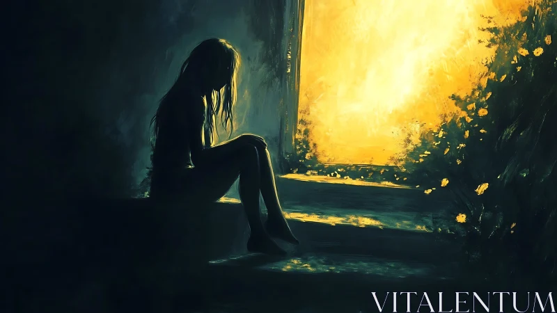 Solitary girl on shadowed steps before a burning golden dawn.