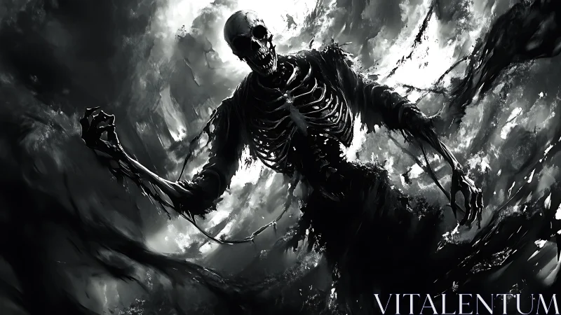 Storm-lit skeletal wraith rises boldly from swirling shadows