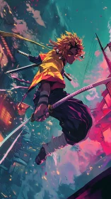 Anime swordsman leaps through neon dusk city skyline.