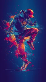 Neon street dancer explodes in motion against inky blue space