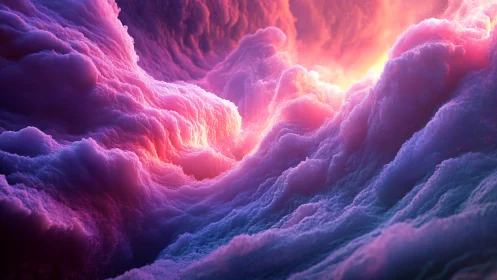 Abstract luminous cloudscape with layered pink formations.