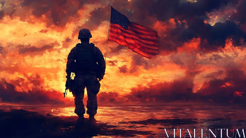 Lone soldier salutes a blazing flag beneath battle skies.