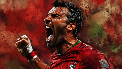 Triumphant soccer hero roaring with pure victory joy.