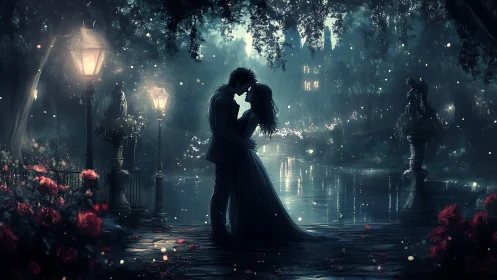 Romantic Kiss Under Moonlit Bridge with Gothic Cityscape