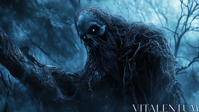 Nightmarish root-covered forest creature with glowing eyes.