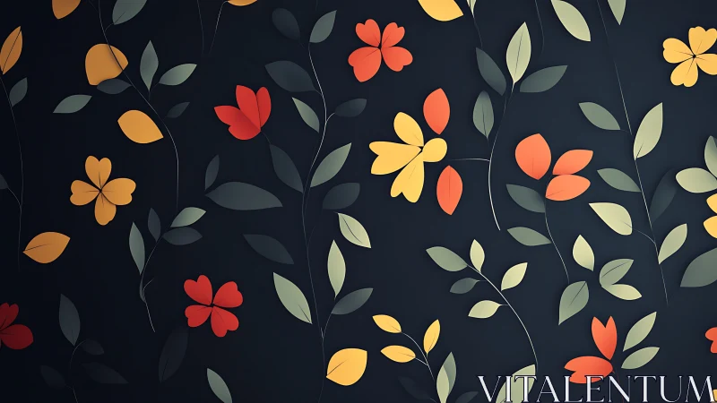 Stylized floral vector pattern arranges warm petals on navy