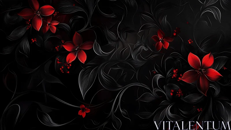 Red Flowers Against Black Foliage with Digital Rendering