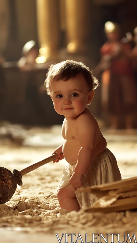 Temple courtyard cherub plays hero with oversized scepter.