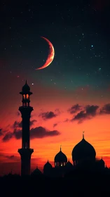 Crescent moon over mosque silhouettes in luminous dusk sky.