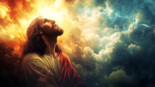 Digital sacred portrait against dramatic heavenly sky.