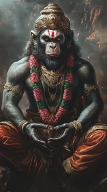 Regal monkey warrior sits in glowing armor and calm focus
