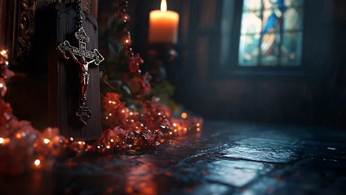 Candlelit crucifix leans into rainlit stone and quiet color