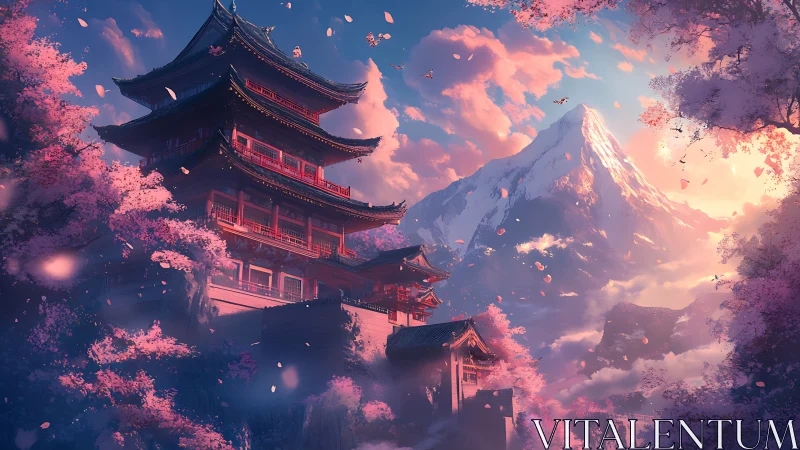 Cherry blossom pagoda beneath radiant alpine sunrise.