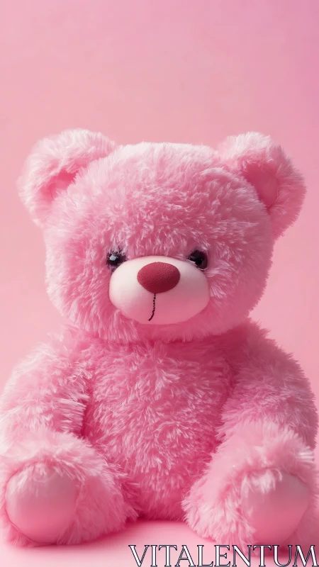 Pink plush teddy bear on monochromatic studio backdrop.