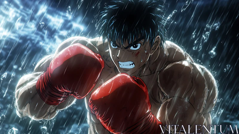 Intense Boxer in Combat Stance Under Rain