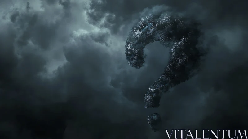 Stormy cloudscape forming dark textured question mark.