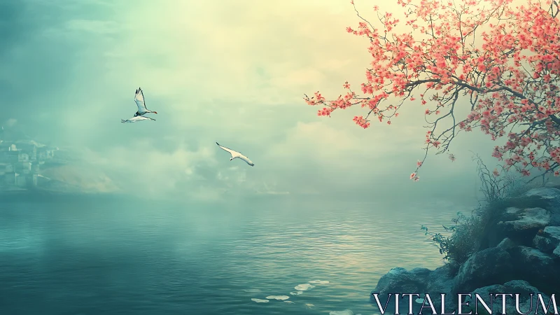 Serene misty lake hosts cranes beneath blooming cherry branch