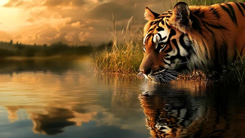 Tiger drinking at sunset beside calm reflective water.