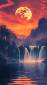 Hyperreal lunar rise above misted tiered waterfall canyon