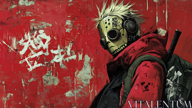 Masked urban wanderer stands before distressed red wall